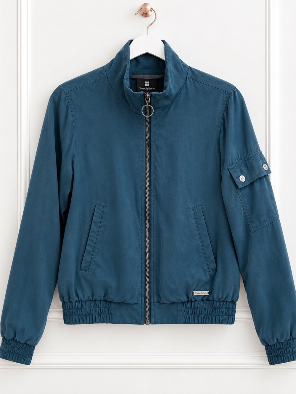 Sweaty Betty $190 Small Teal Silky Lightweight Short Bomber Jacket Full Zip